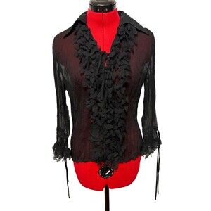 Jaipur Black Sheer Floral Applique Blouse Size Small